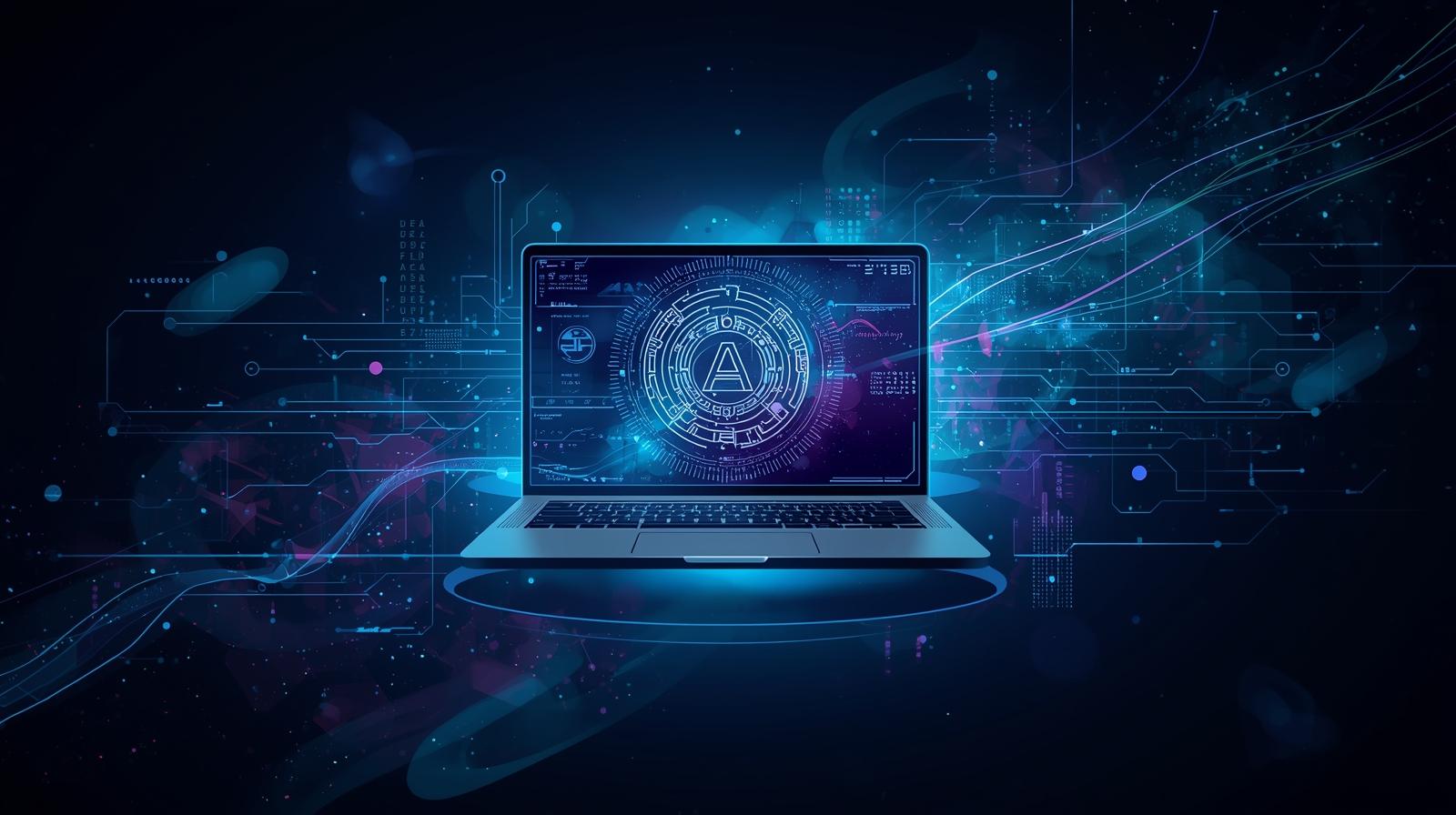 Illustration of a laptop with AI icons and writing tools, representing AI-powered content creation.