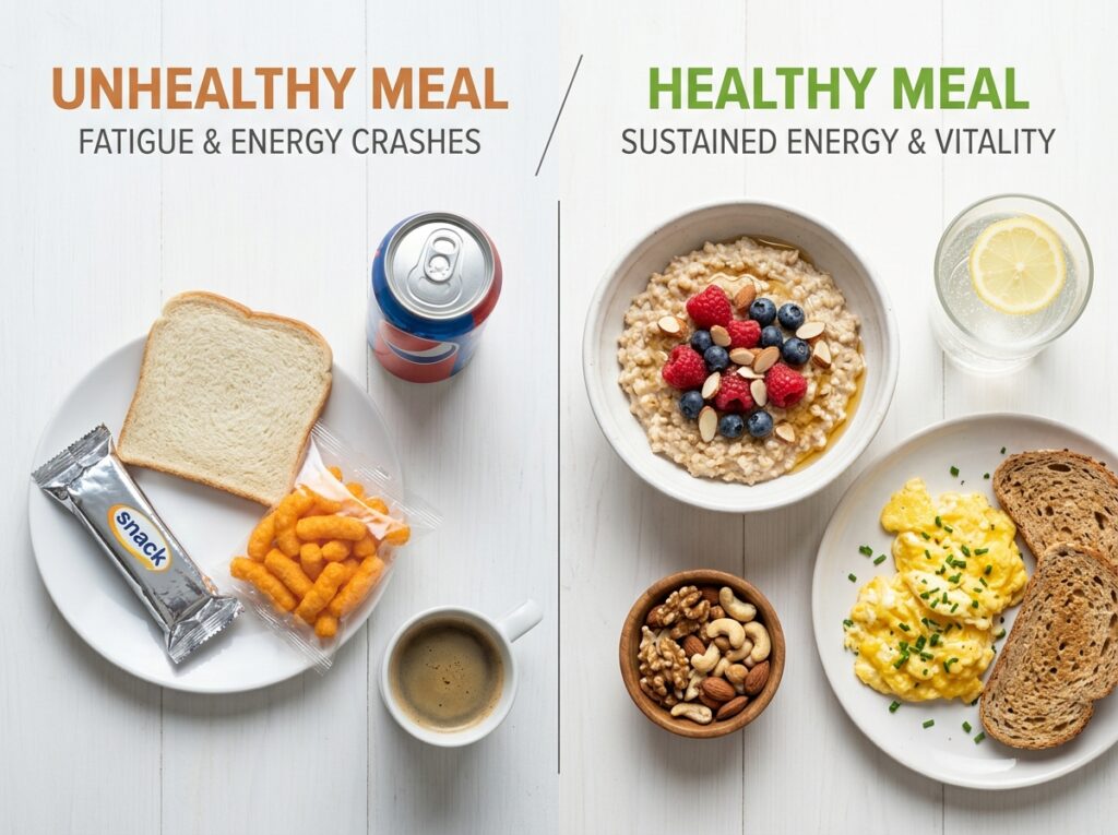 healthy vs unhealthy food for energy and fatigue